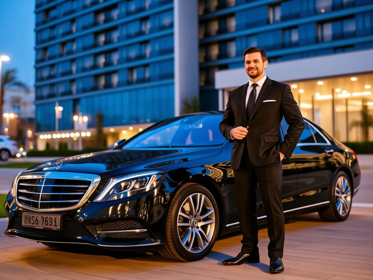 Executive driver standing beside a Mercedes S-Class